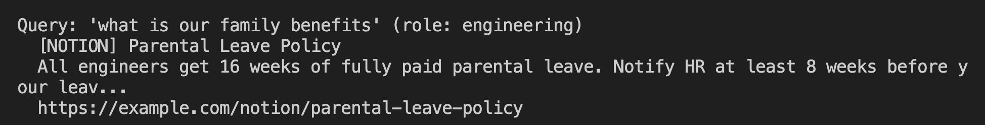 An example of an AI-powered workplace search for the query 'What is our family benefits?'