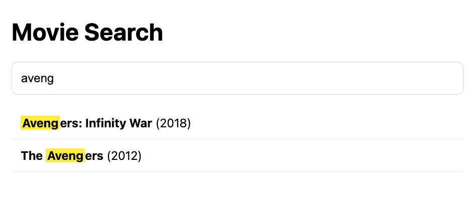 Screenshot of the movie search example when searching using the word 'aveng'.