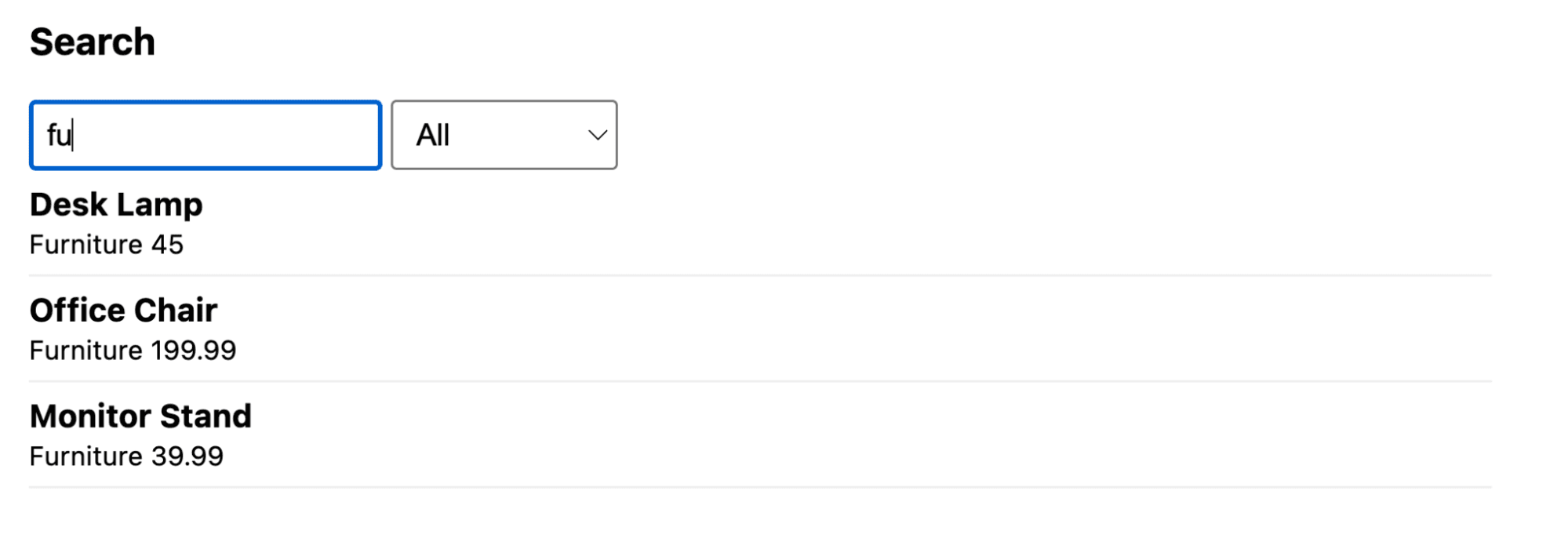 A screenshot of a search using categories in a search example.