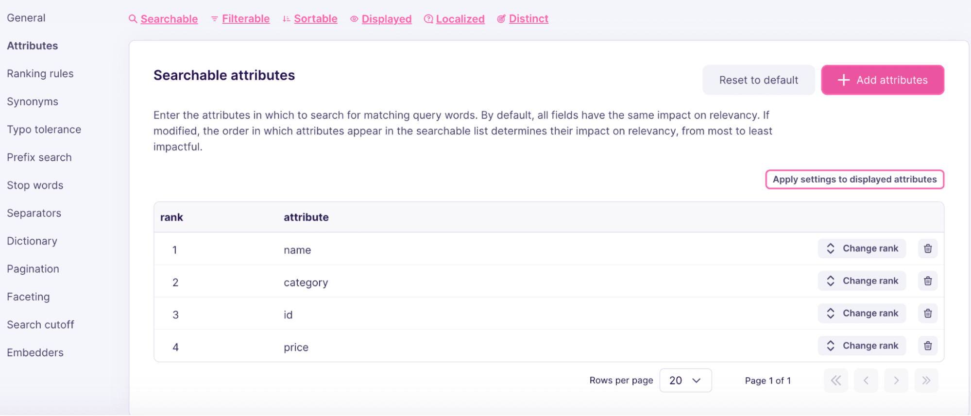 A screenshot of the Meilisearch platform where the user can decide which attributes take priority.