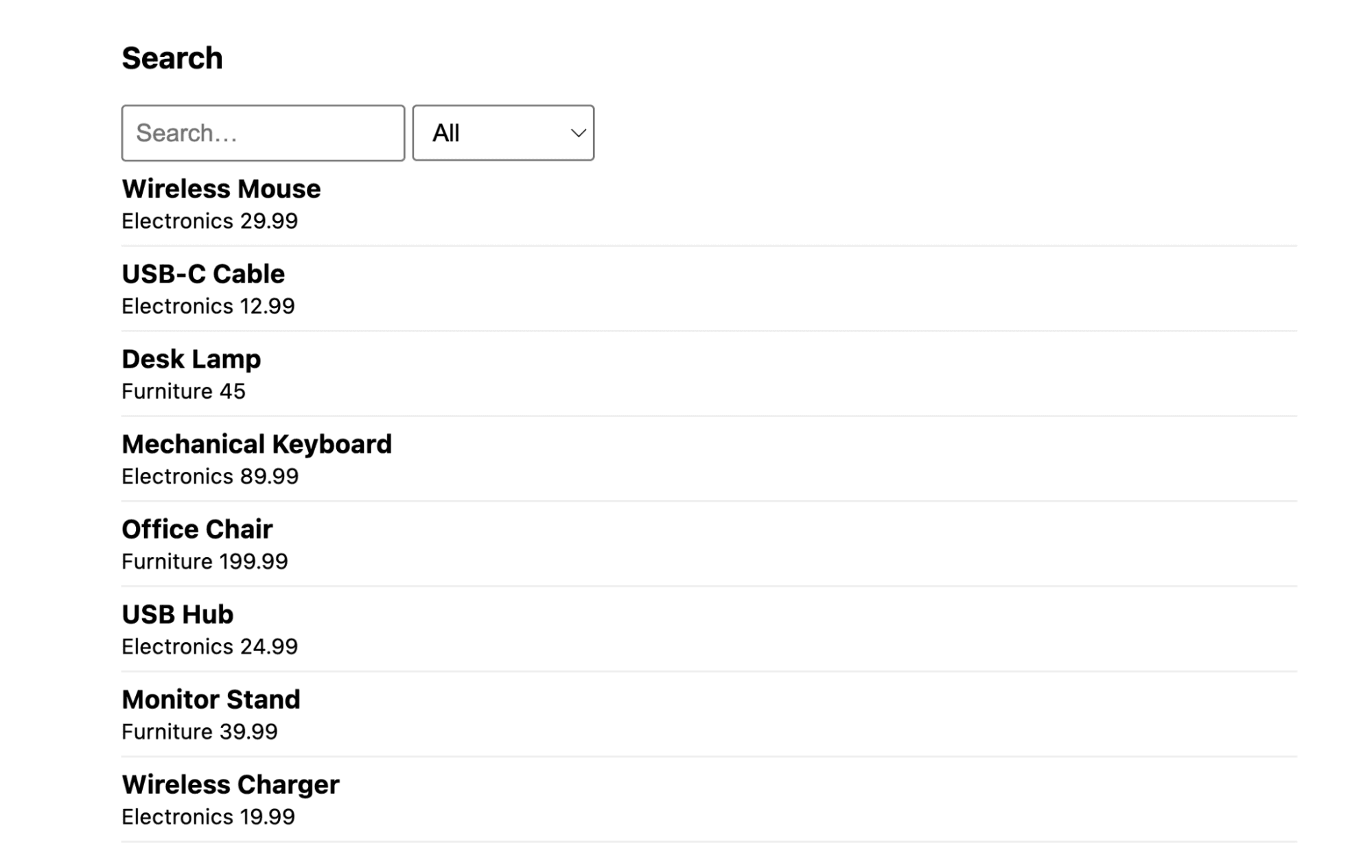 A screenshot of a search functionality example implemented with Meilisearch Cloud.