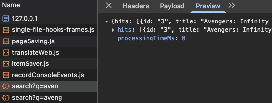 Screenshot of the search response speed in a dev tool window.